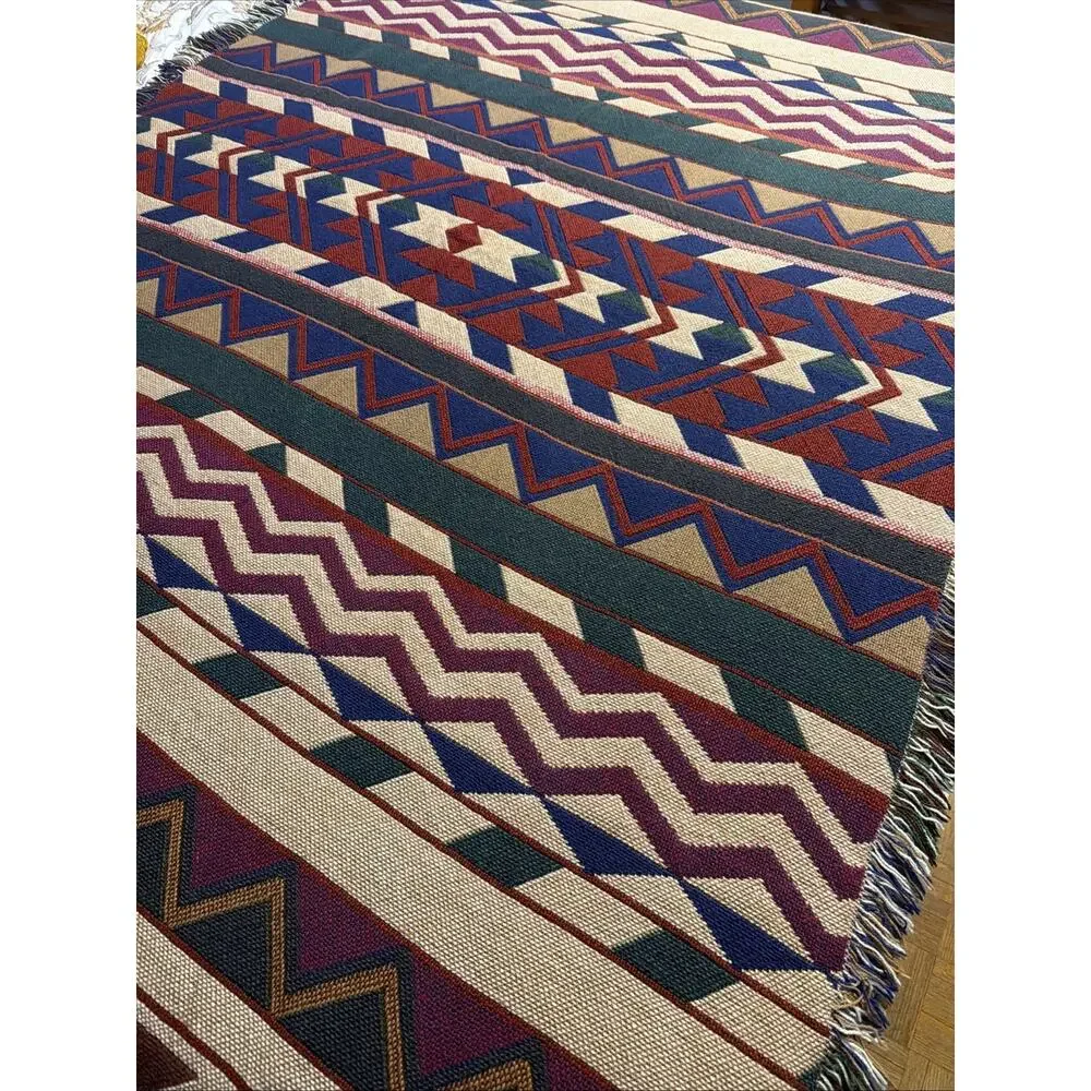Vintage Tapestry Throw Blanket 1990s Southwestern Fringe Woven Western Red Aztec